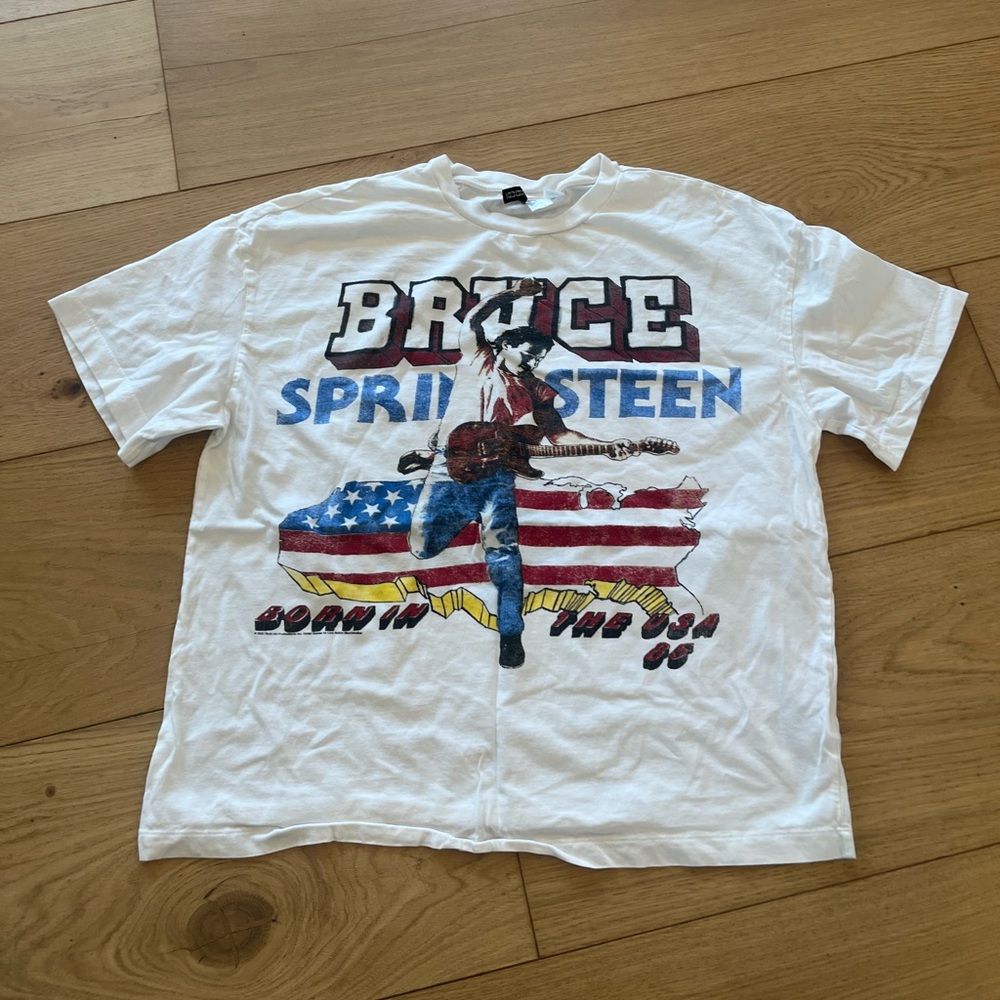H&M White Bruce Springsteen Graphic Tee with Red & Blue Accents